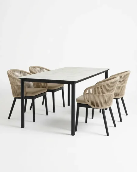 Luxury marine-grade aluminium Carrara marble-top dining set with a rectangular engineered marble finish table and UV-stabilized rope armchairs for commercial outdoor dining sets.