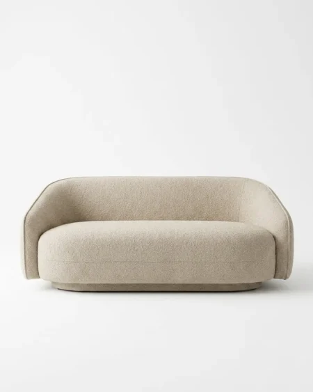 Luxury Cascina Rounded Boucle Sofa featuring a solid kiln-dried wood frame, a sweeping curved silhouette, an upholstered plinth base, and sand beige boucle for living rooms.