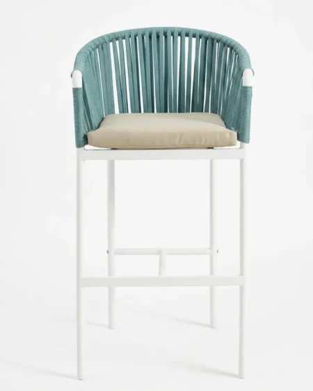 Marine-grade cassian bar stool with white powder-coated frame and teal vertical rope weave