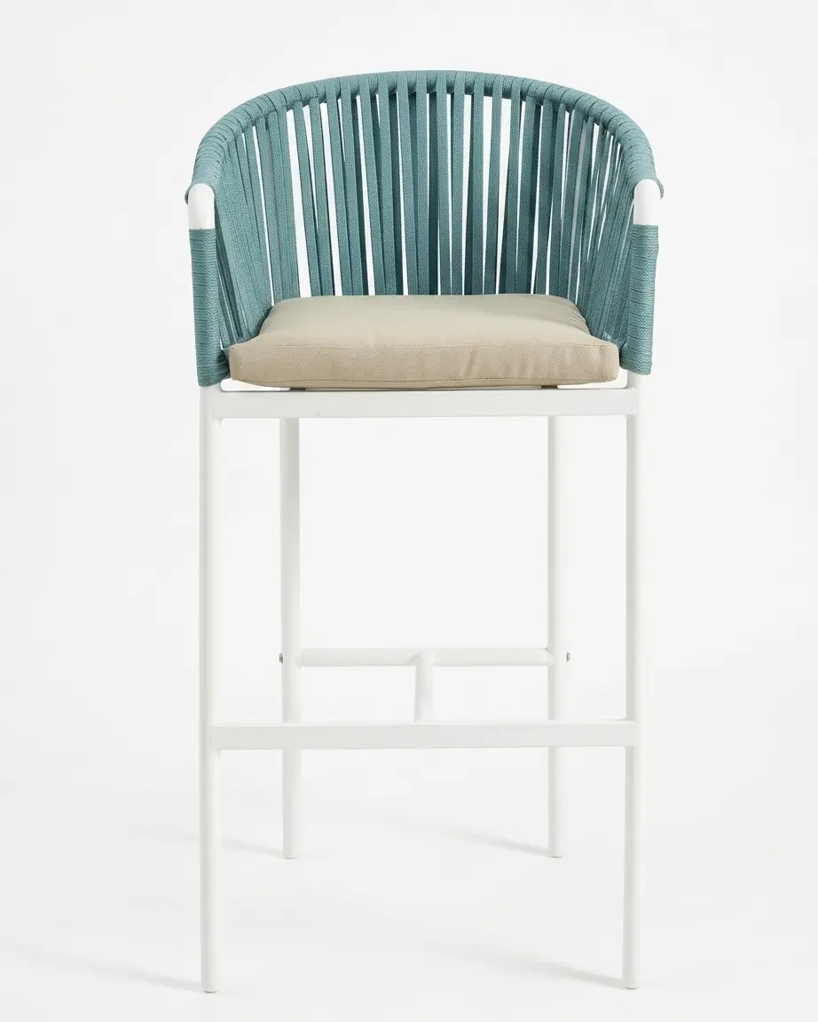 Marine-grade cassian bar stool with white powder-coated frame and teal vertical rope weave