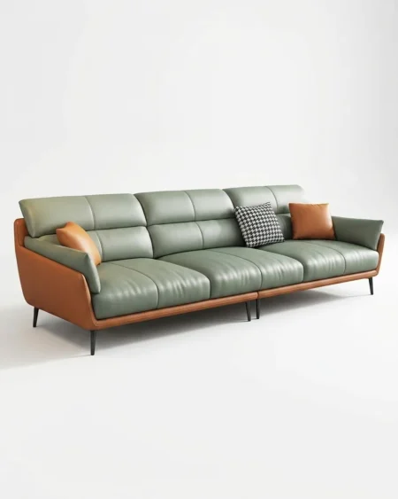 Luxury Cassio Two-Tone Leather Sofa featuring a solid kiln-dried wood frame, striking sage green and tan leather upholstery, and elegant black legs for living rooms.