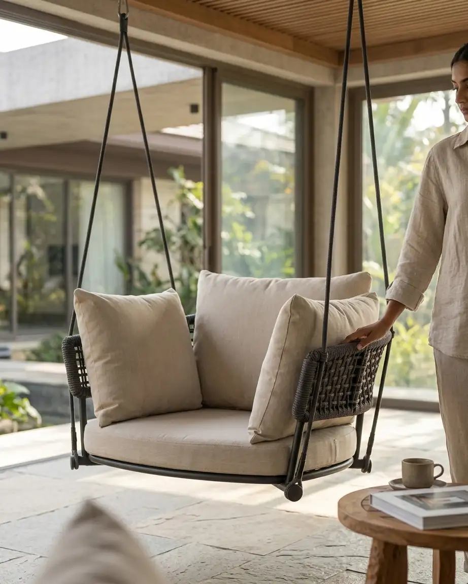 Side profile of the ceiling hanging swing chair wholesale model showcasing the high-density waterproof cushions and rope suspension.