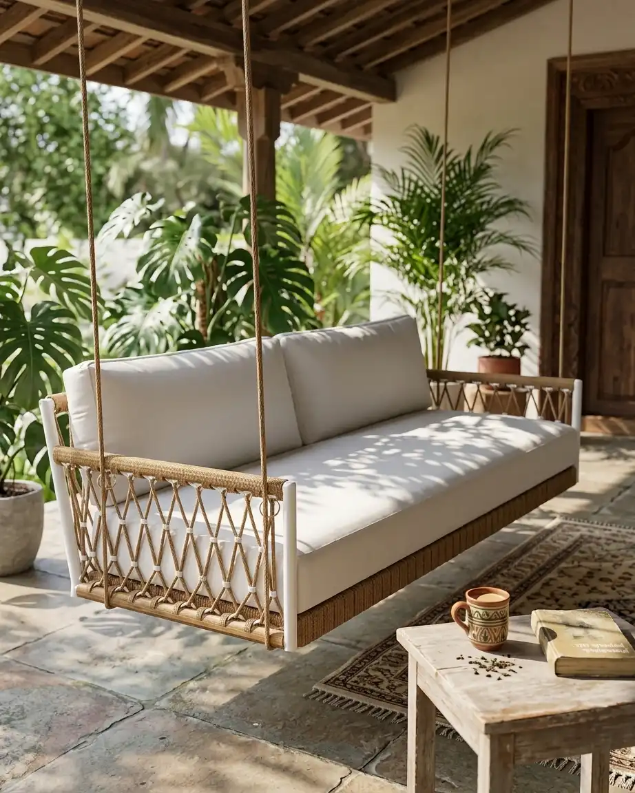 The Amalfi model displayed as a luxury ceiling hung outdoor sofa installed in a resort lounge.