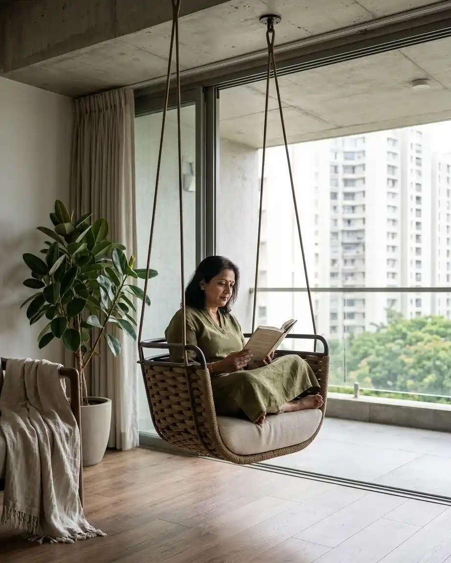 The Kestral model displayed as a luxury ceiling hung rope woven chair installed in a resort lounge.