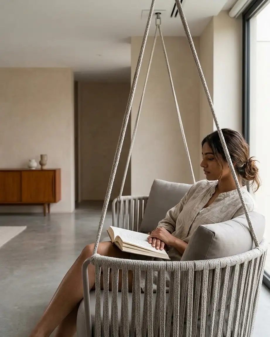 The Corvane model displayed as a luxury ceiling hung rope woven sofa installed in a resort lounge.