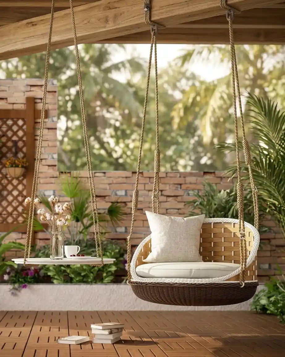 Side profile of the ceiling hung wicker chair showcasing the wide basket seating and high-density waterproof cushions.