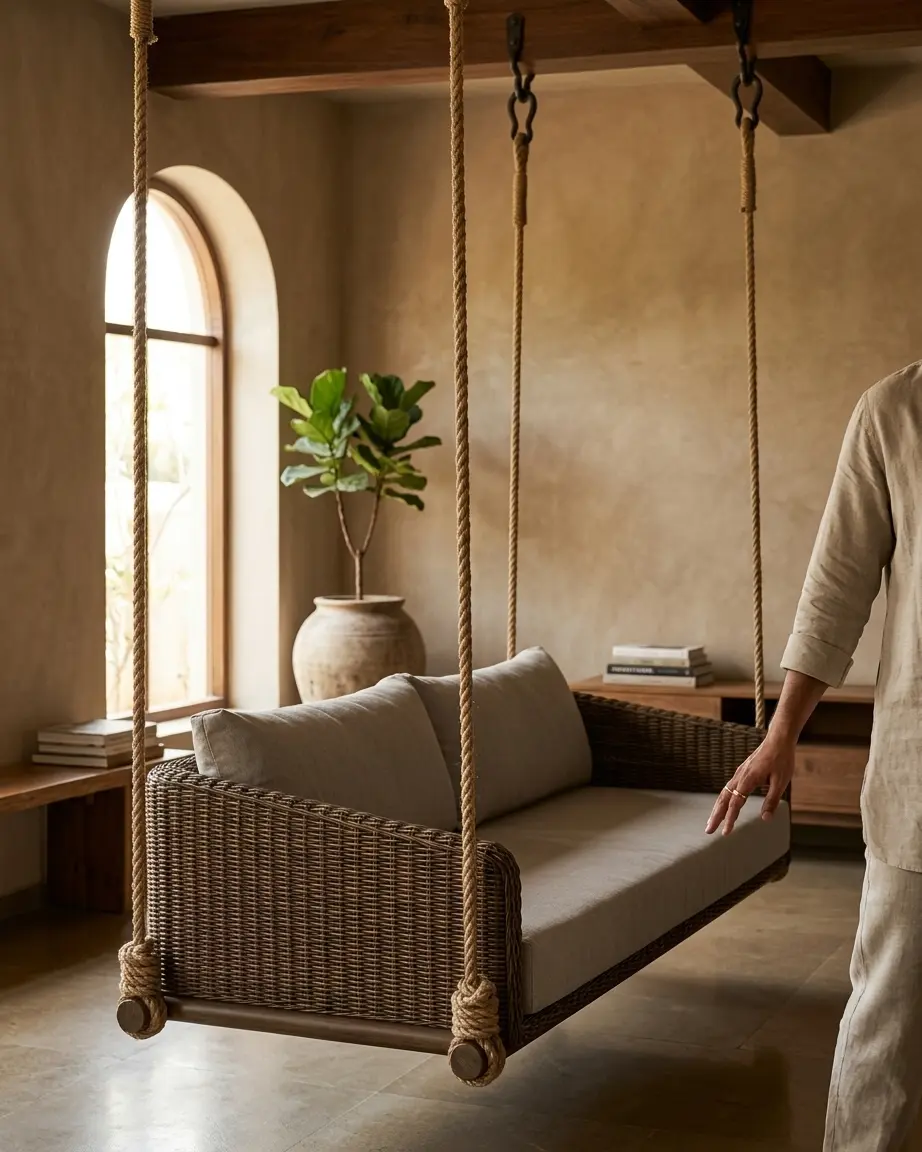 The Vellara model displayed as a luxury ceiling hung wicker sofa installed in a resort lounge.