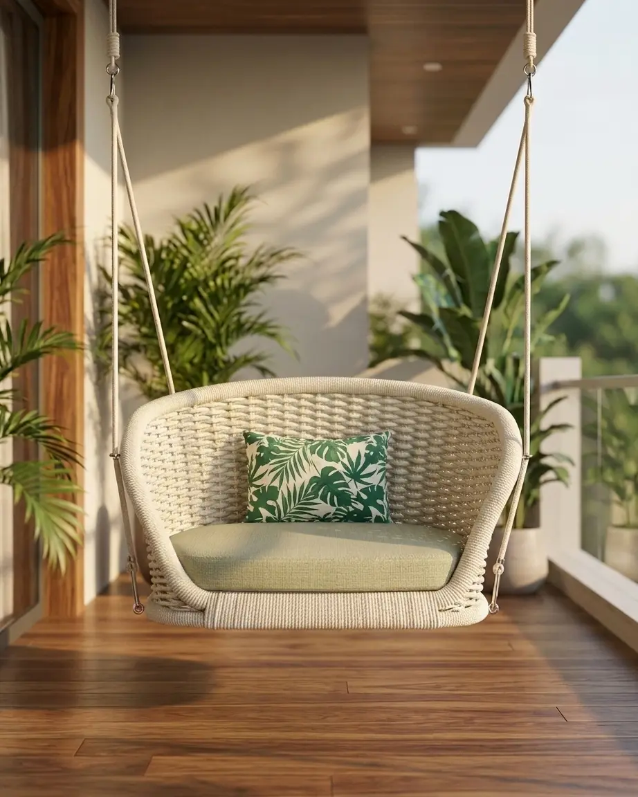 The Palermo model displayed as a luxury ceiling hung woven loveseat installed in a resort lounge.