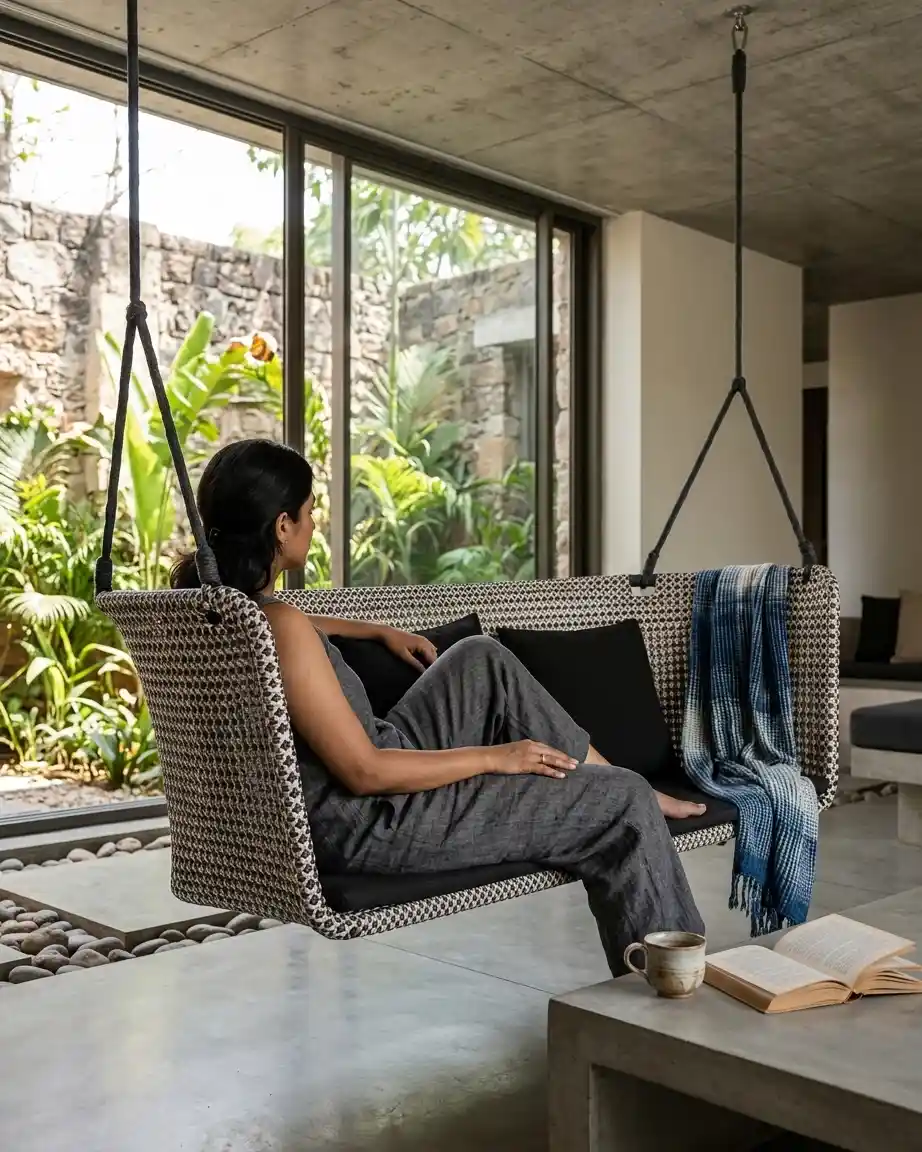 The Tarano model displayed as a luxury ceiling hung woven sofa installed in a resort lounge.