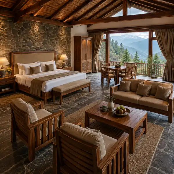 Custom luxury room furniture for eco resorts in Chopta manufactured by Craftnika.