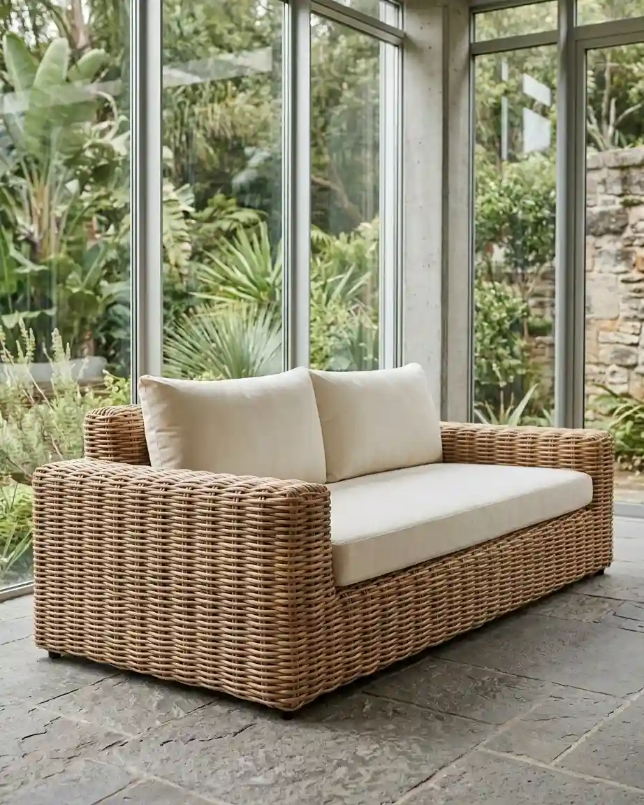 Side profile of the box weave rattan sofa highlighting the intricate chunky square block armrests and high-density waterproof cushions.