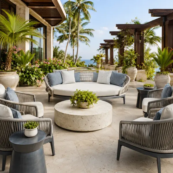 Coastal outdoor furniture for Andaman resorts featuring rust-proof aluminium and UV-stabilized wicker.