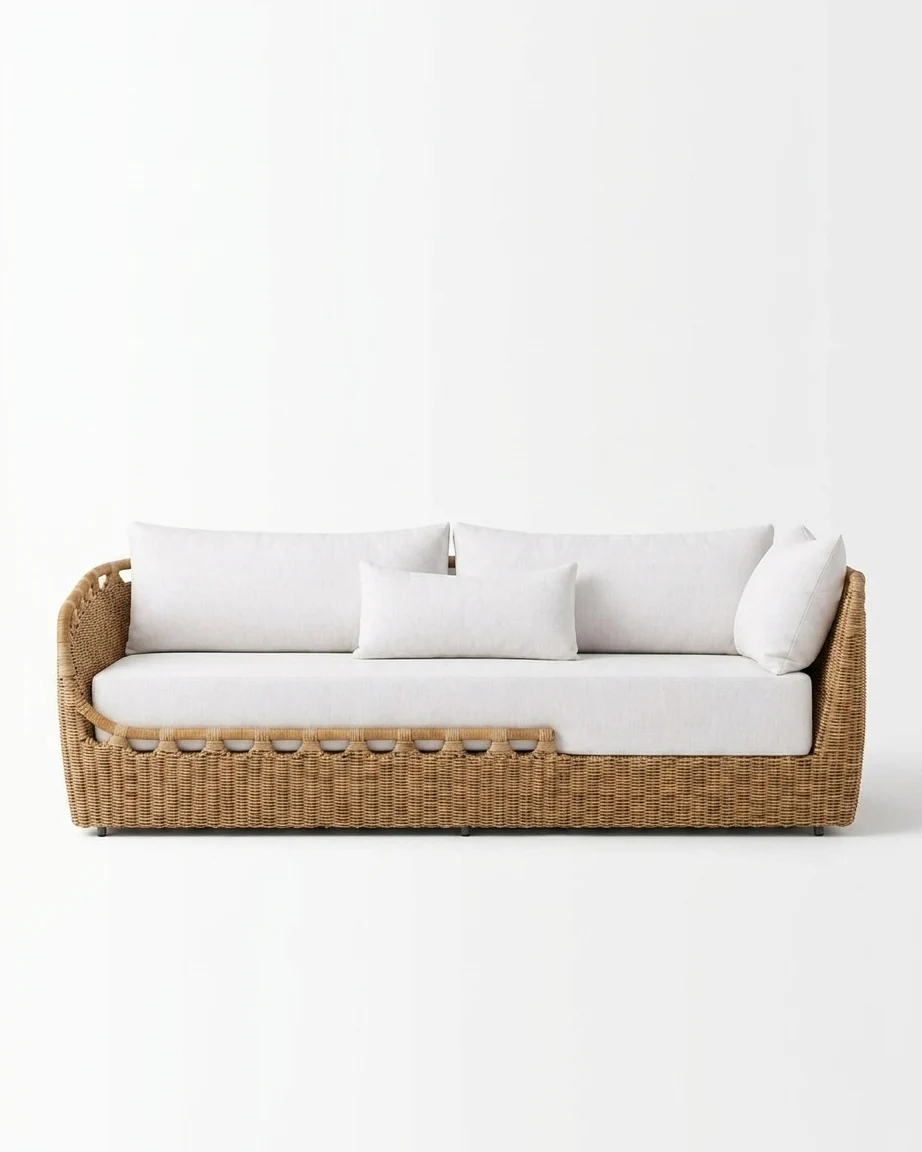 The Coastal Rattan Weave Sofa featuring a sophisticated 3-seater design with scalloped edge natural rattan weave and white fabric upholstery.