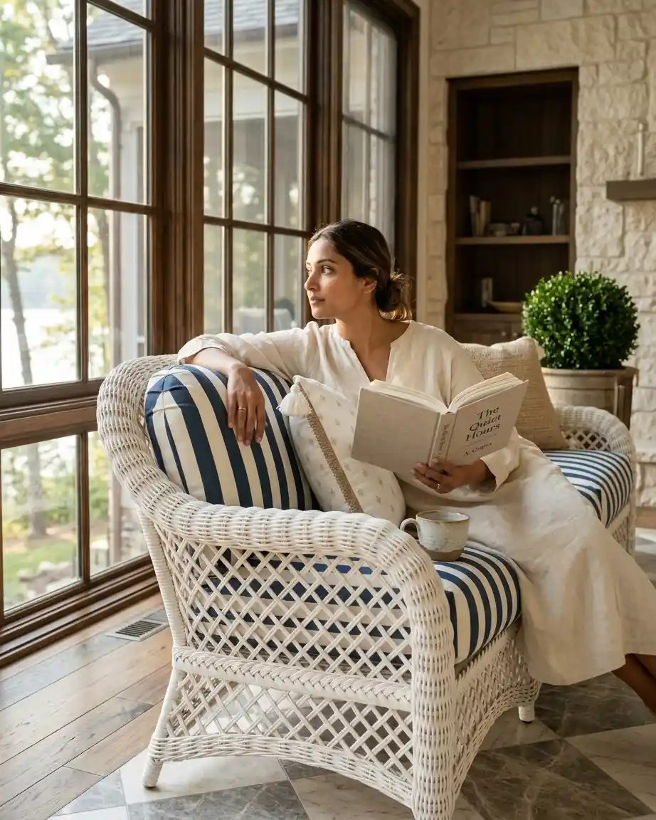 The Nantucket model displayed as a luxury coastal wicker sofa order installed in a premium boutique beach resort lounge.