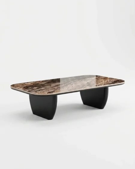 The Cognac Marble Center Table featuring a rich rectangular brown Emperador marble top supported by sculptural matte black wooden legs.