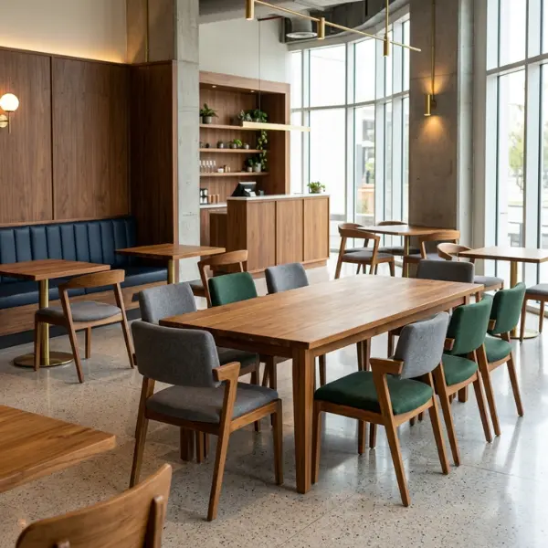 Custom solid teak cafe seating built by a leading commercial cafe furniture supplier Noida.