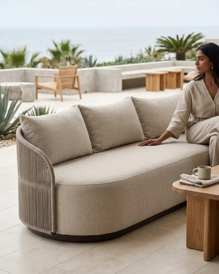 Side profile of the curved sofa highlighting the intricate vertical rope weave and high-density waterproof beige cushions.
