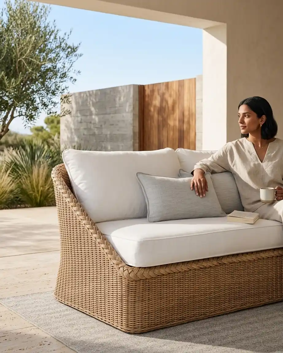 The Sandbar model displayed as a luxury commercial grade box frame rattan sofa order installed in a premium boutique resort lounge.