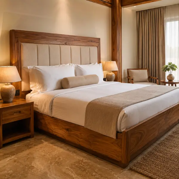 High-quality wardrobe and nightstand setups provided by a trusted commercial hospitality furniture supplier in Chennai.