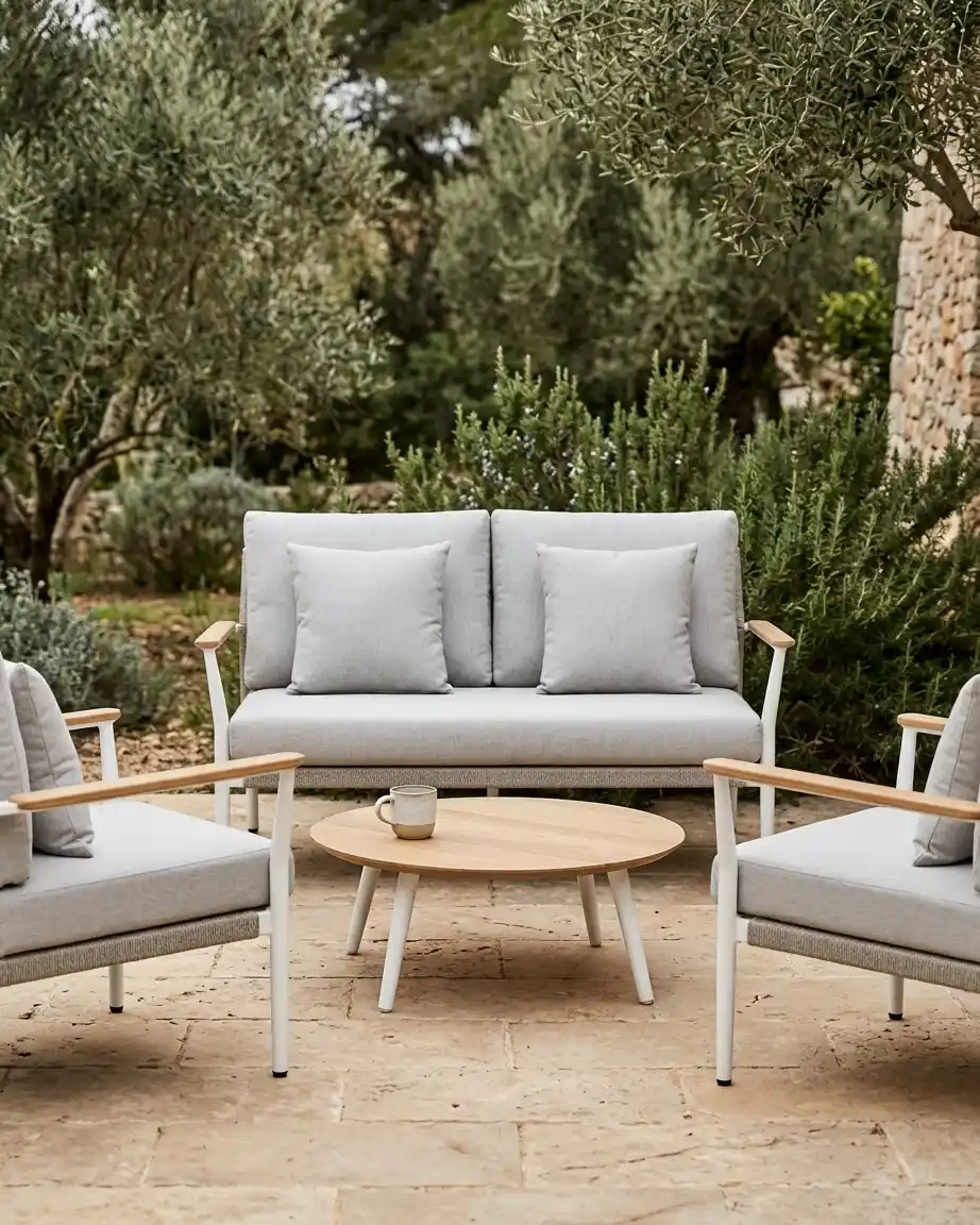 Side profile of the commercial outdoor furniture set highlighting the wide seating, teak accents and high-density waterproof cushions.