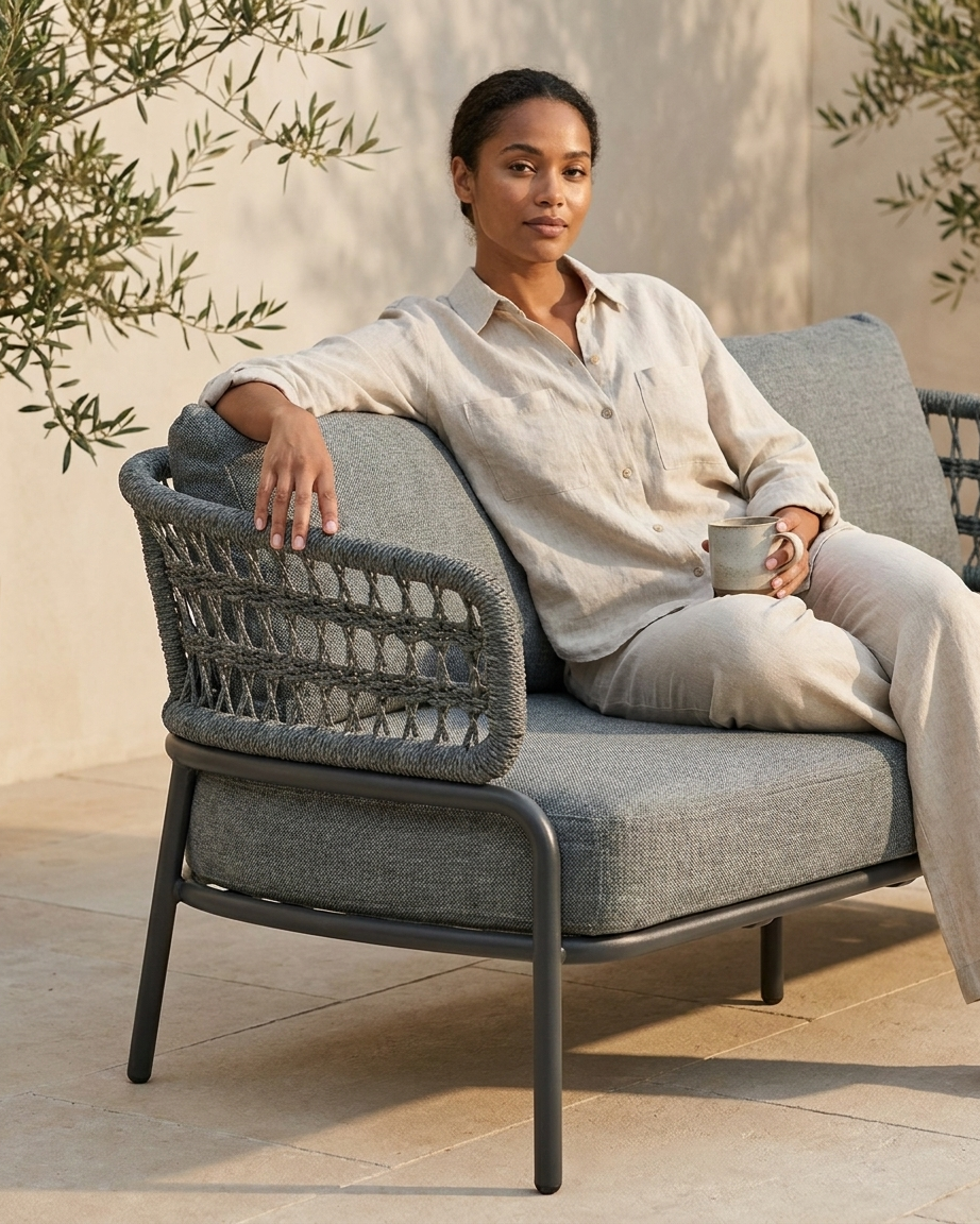 Side profile of the commercial outdoor sofa highlighting the wide seating and high-density waterproof cushions.
