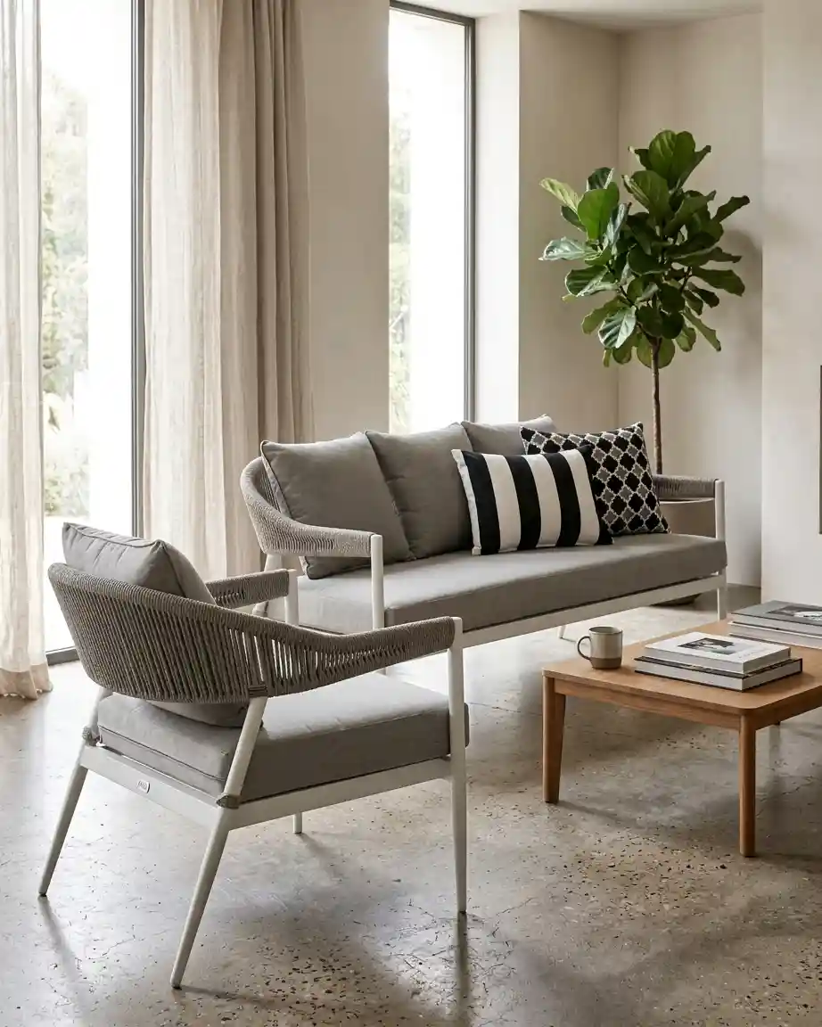 Side profile of the commercial outdoor sofa set highlighting the ergonomic seating and high-density waterproof cushions.