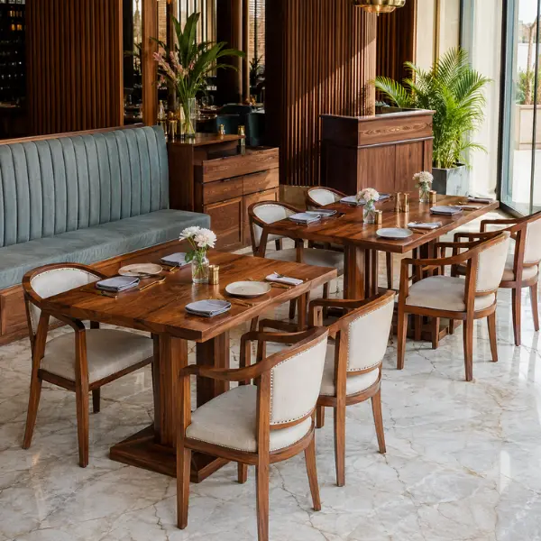 Commercial restaurant and dining seating manufactured for Mumbai hospitality businesses, featuring heavy-duty tables and upholstered chairs.