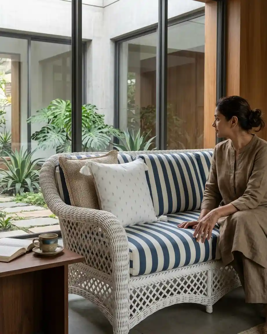 Side profile of the white wicker sofa highlighting the intricate curved armrest and high-density waterproof navy striped cushions.