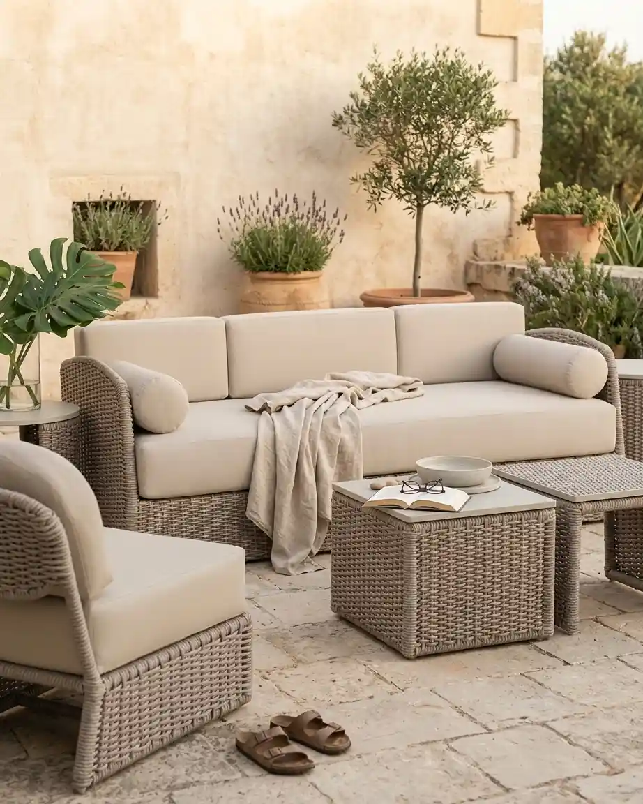 Side profile of the commercial wicker sofa highlighting the wide seating and high-density waterproof cushions.