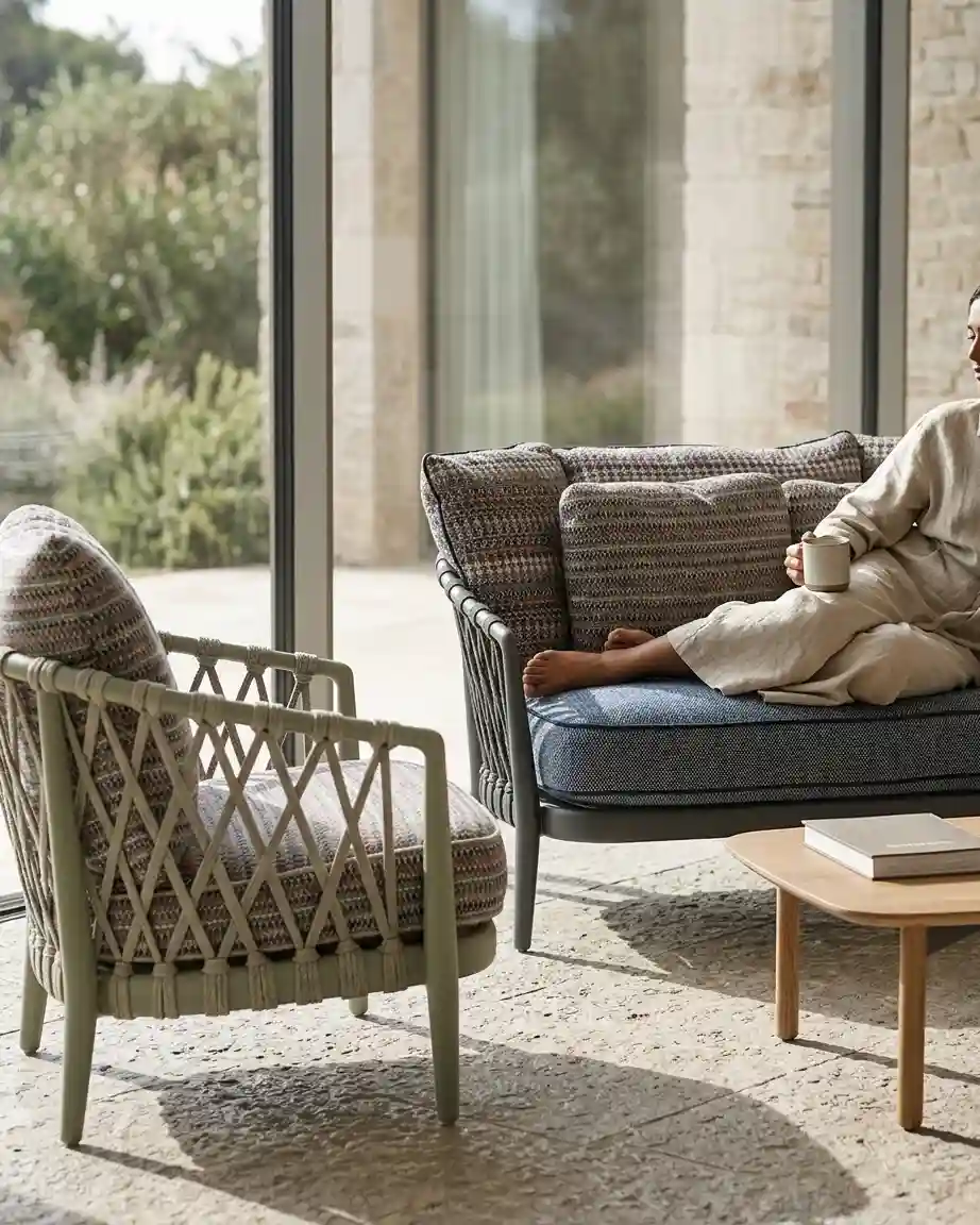 Side profile of the commercial wooden frame sofa highlighting the ergonomic seating and high-density tweed cushions.