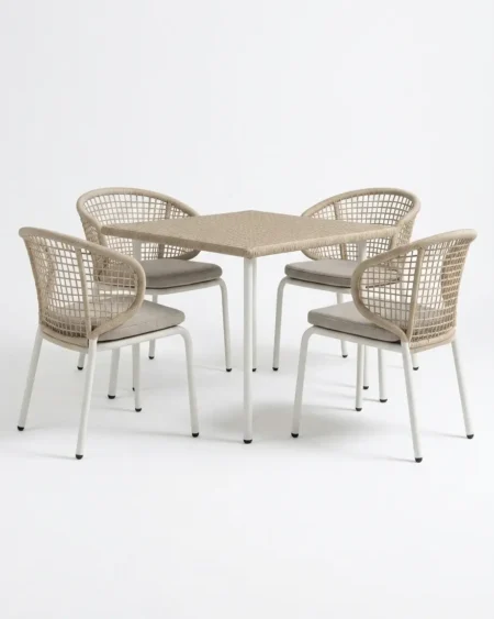 Luxury white marine-grade aluminium Como woven-top dining set with a square rope woven table and lattice weave armchairs for commercial outdoor dining sets.