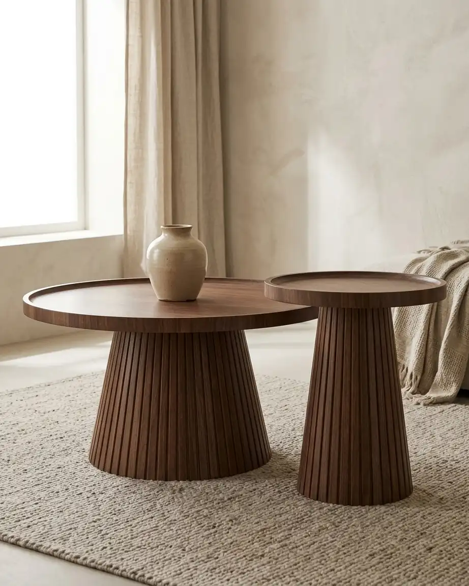 The Yubari pedestal tables displayed in a sophisticated resort lounge, emphasizing their Japandi style and architectural silhouette.