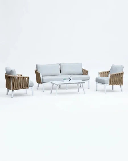 The Coral Bay Strap Weave Lounge Set featuring a sophisticated coastal design with premium wide strap weave and a robust white aluminium frame.