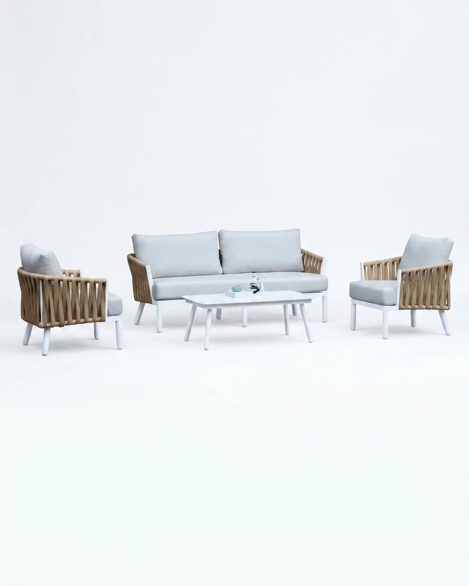 The Coral Bay Strap Weave Lounge Set featuring a sophisticated coastal design with premium wide strap weave and a robust white aluminium frame.