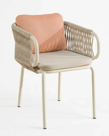 Luxury white marine-grade aluminium Coral diagonal weave armchair with UV-stabilized rope and contrast cushion for commercial outdoor dining sets.