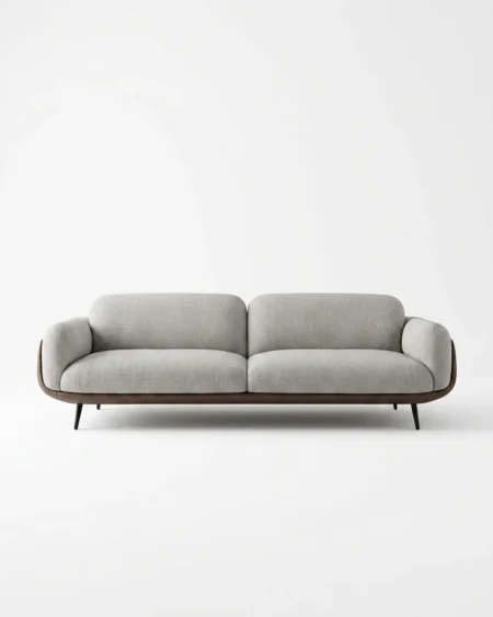 Luxury Corrina Wood-Base Fabric Sofa featuring a solid kiln-dried wood frame, exposed walnut-finished timber base, rounded arms, and grey textured fabric for living rooms.