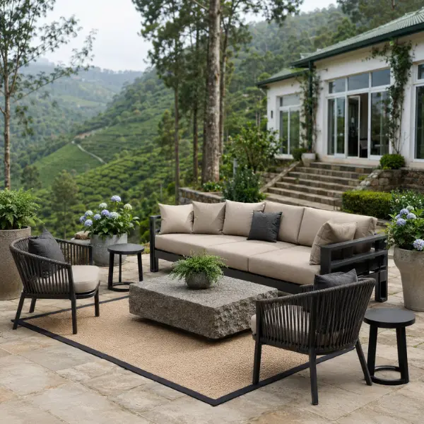 Corrosion-resistant outdoor furniture featuring marine-grade aluminium frames and UV-stabilized wicker, built for Darjeeling's monsoon humidity.