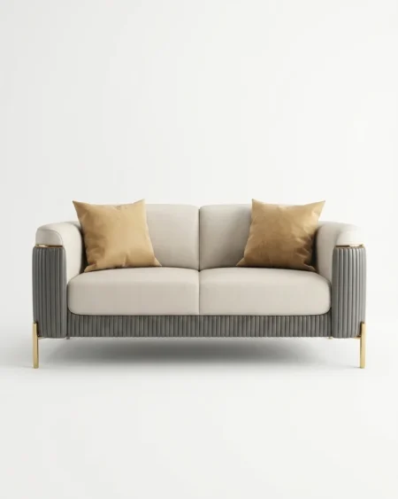 Luxury Corsani Two-Tone Leather Sofa featuring a solid kiln-dried wood frame, ivory and grey leather upholstery, and elegant gold legs for living rooms.