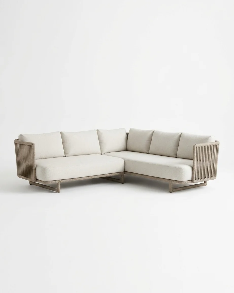 The Corsica Rope Weave Sectional Sofa featuring a sophisticated L shaped corner design with a powder coated metal frame and beige cushions.