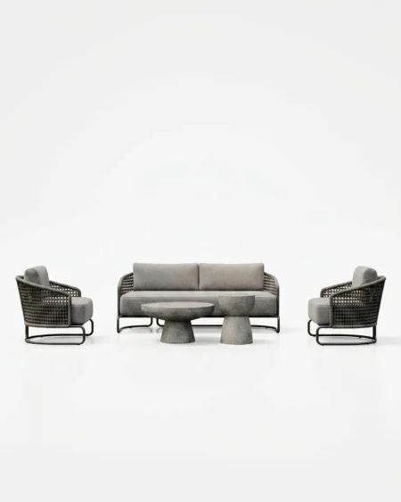 The Cortez Rope Weave Lounge Set featuring a sophisticated modern design with premium rope weave and a concrete finish coffee table.