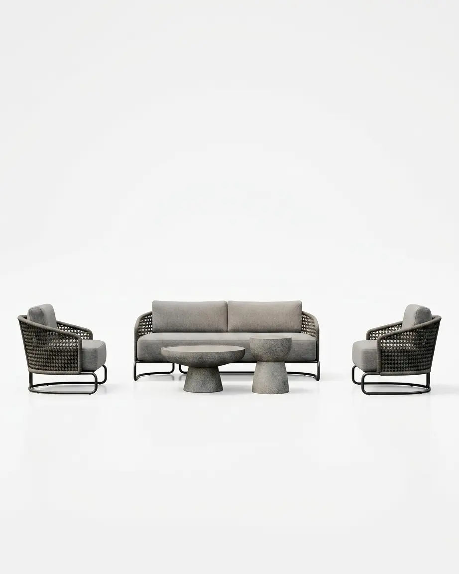 The Cortez Rope Weave Lounge Set featuring a sophisticated modern design with premium rope weave and a concrete finish coffee table.