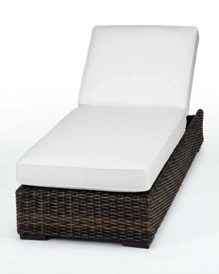 Luxury Cortez wicker sun lounger featuring a rust-proof block leg aluminium base and UV-stabilized dark brown synthetic rattan, manufactured for high-end resorts.