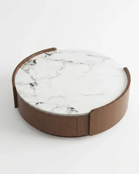The Cortina Drum Marble Storage Table featuring a round Calacatta marble top and a solid walnut wood drum base with a concealed drawer.