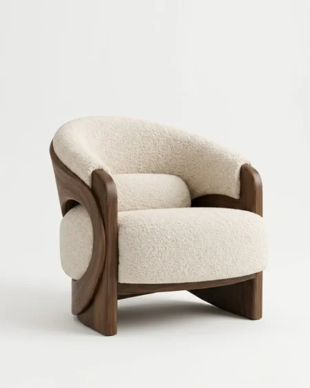 Luxury Corvale Lounge Chair featuring a solid kiln-dried teak wood sculptural frame, mid-century design, and plush boucle upholstery for living rooms.