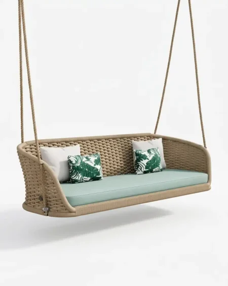 The Corvane Rope Weave Two Seater Swing featuring a minimalist ceiling-hung design and premium tan rope weave.