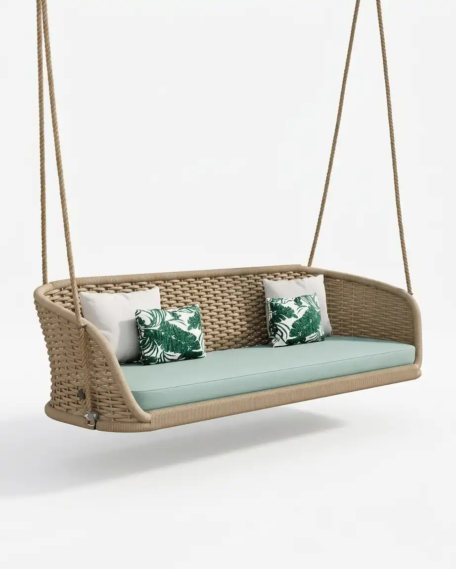 The Corvane Rope Weave Two Seater Swing featuring a minimalist ceiling-hung design and premium tan rope weave.