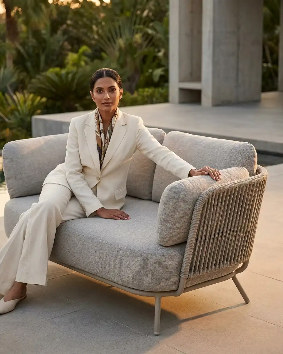 Close up of the high-quality weather resistant cream fabric and rope detailing by a premium cream outdoor sofa manufacturer.