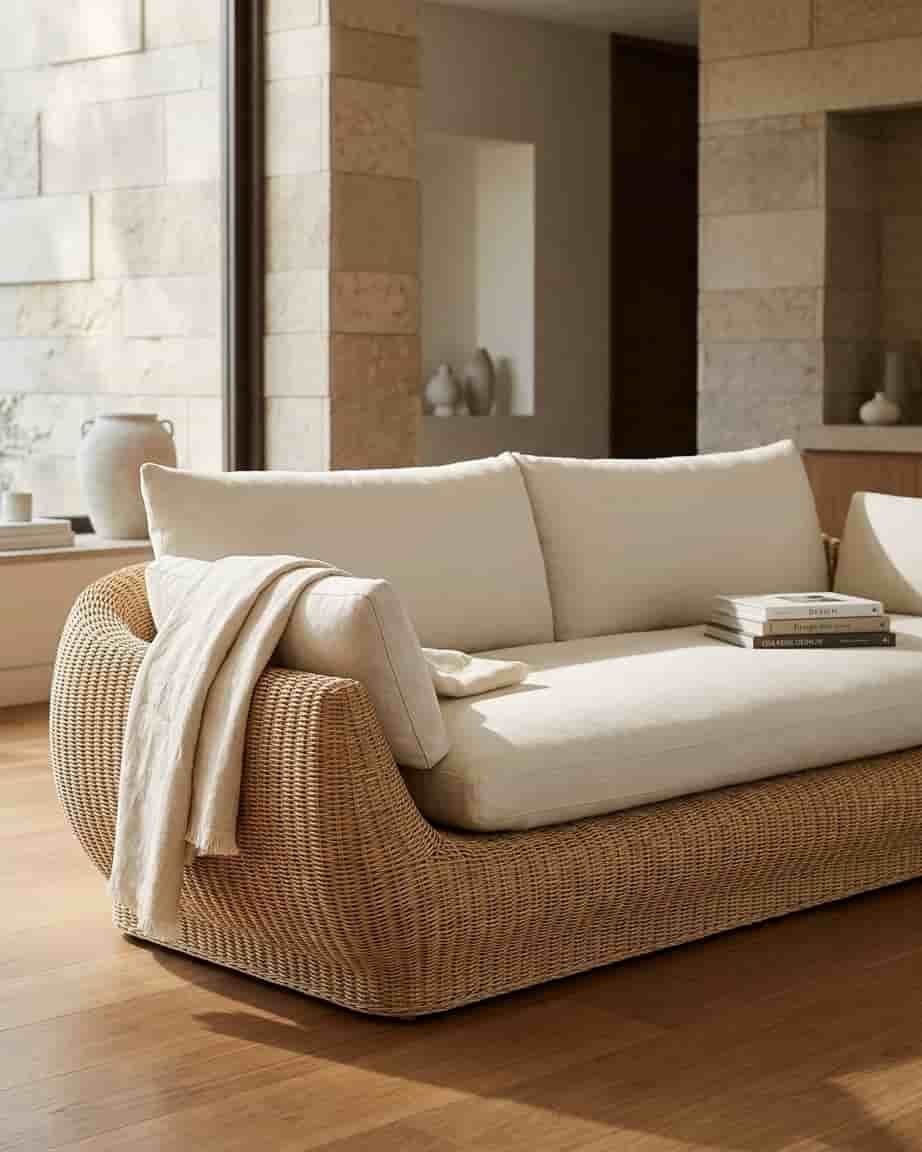 Side profile of the curved rattan sofa highlighting the intricate organic curved base and high-density waterproof cushions.