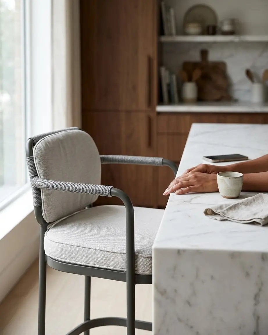 Crisp matte grey powder coated marine-grade aluminium bar chair with continuous square footrest for resorts