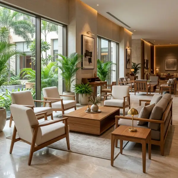 Sturdy, custom commercial furniture designed for resorts and hotels in Mysore.